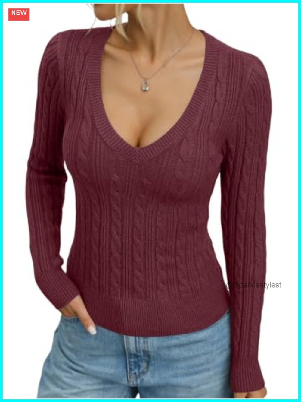 Womens V Neck Cable Knit Sweater Fitted Chunky Pullover Top